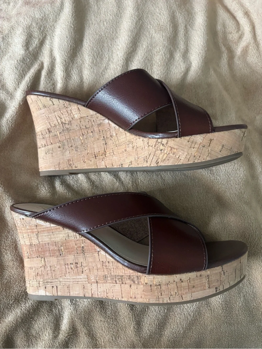Franco Sarto Brown Crisscross Wedge Slide Sandals